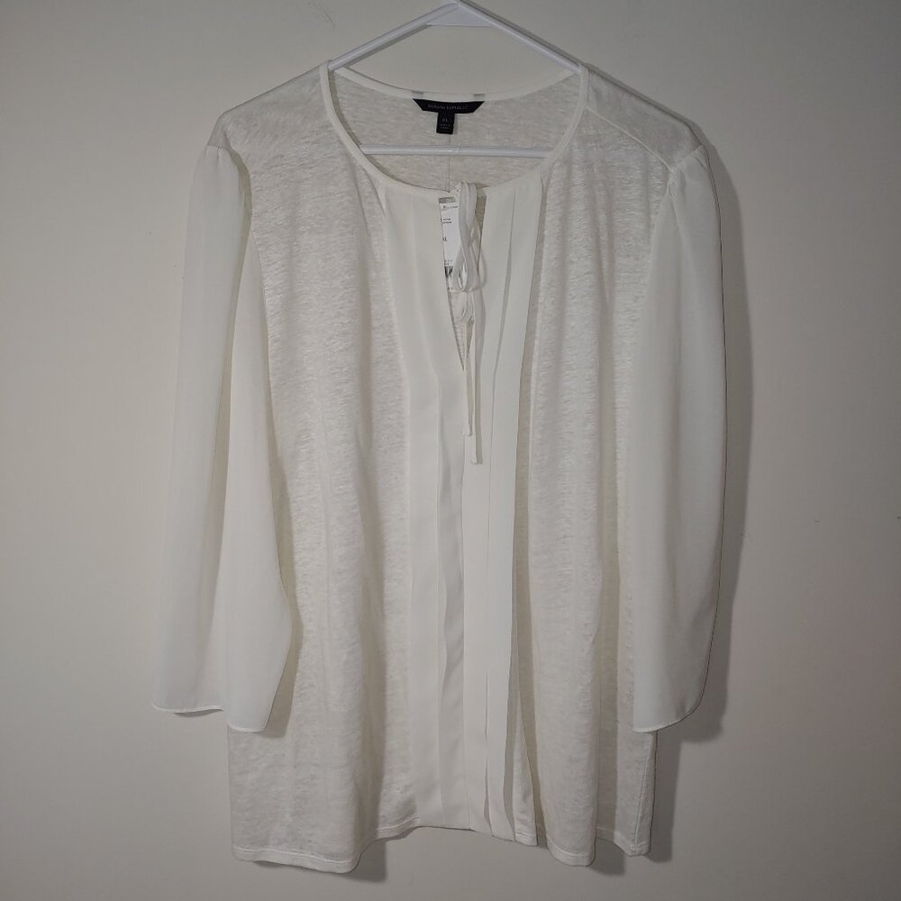Banana Republic Pleated Tie Neck Sheer Sleeves Blouse Sz  XL Off White/Cream